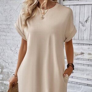 Apicot Orange Boho Womens Solid Batwing Sleeve Hidden Pocket Tee Dress